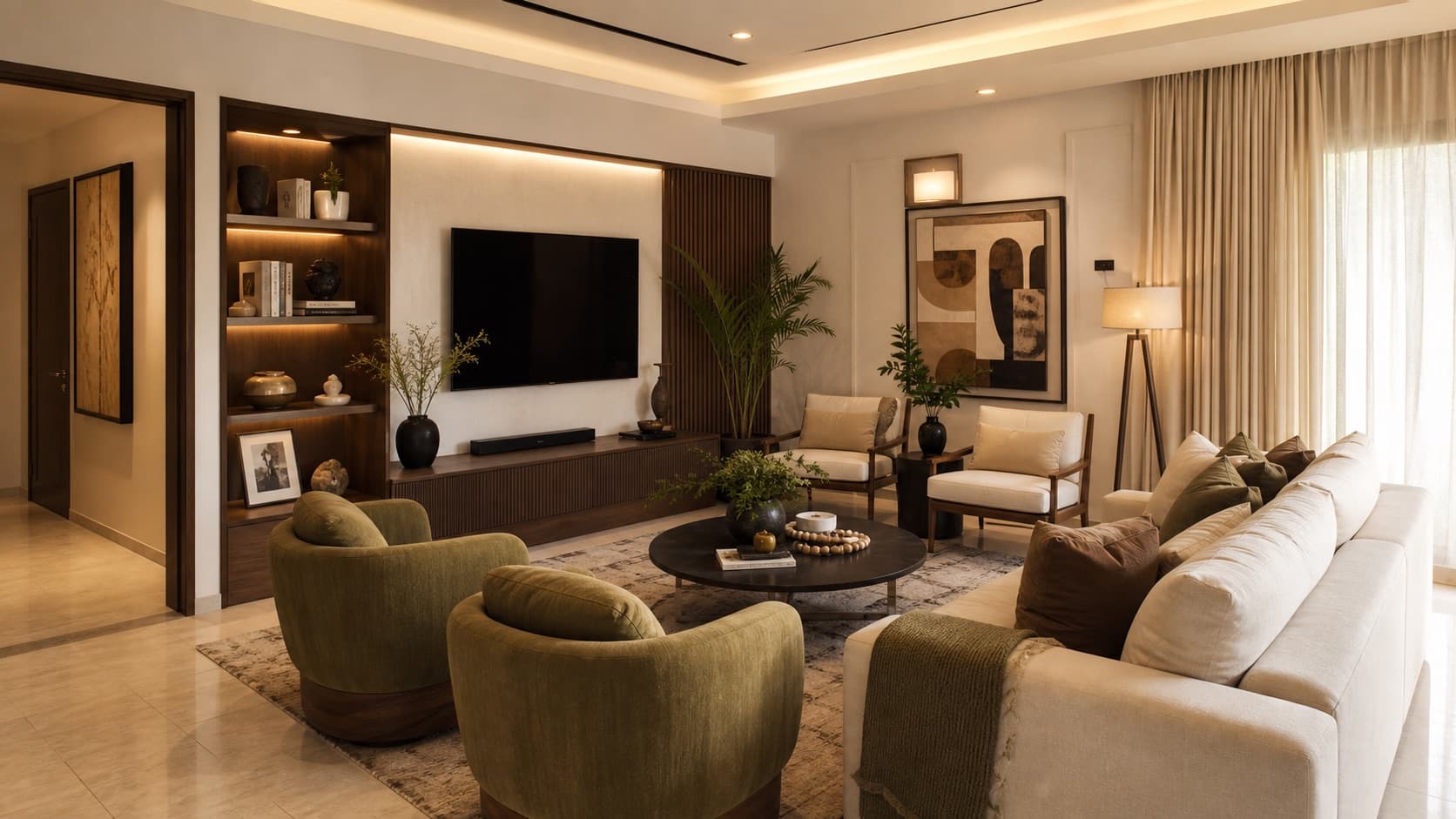 Warm contemporary living room with planned seating, layered lighting, and built-in storage