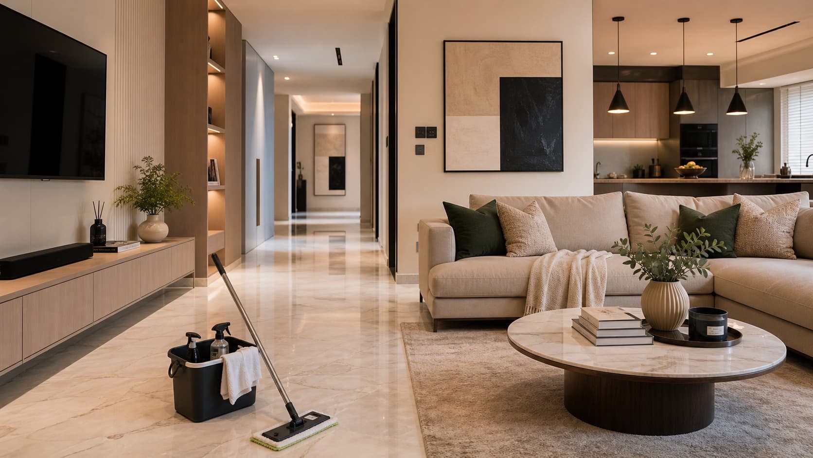 Freshly completed interior with polished floors and subtle cleaning tools ready for project handover