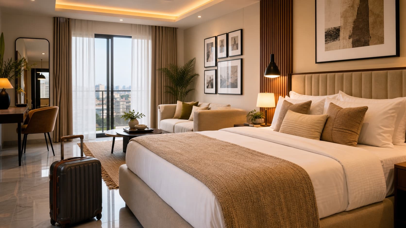 Premium short-let apartment bedroom with crisp bedding, warm lighting, and guest-ready styling